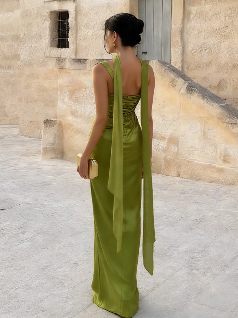 Women's Satin Maxi Dress Square Neck Sleeveless Ruched Backless Bodycon Evening Gown