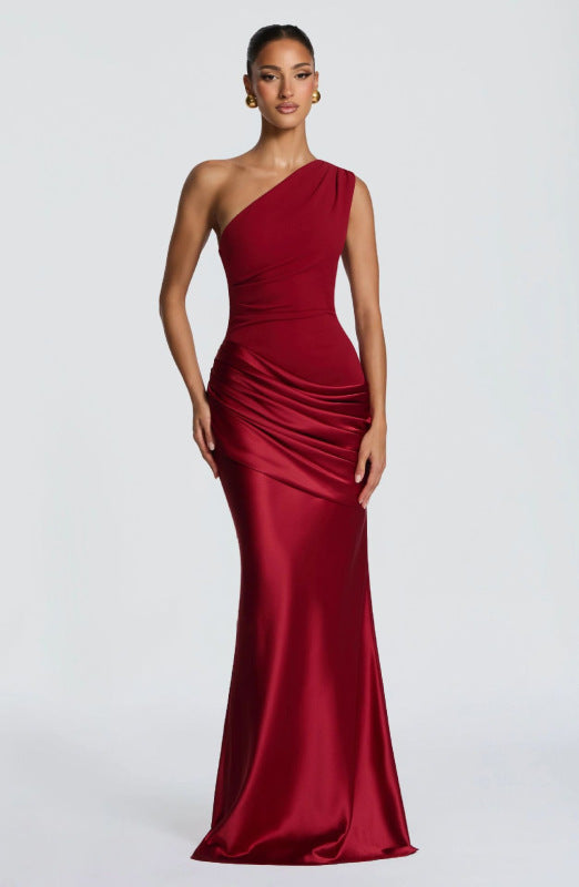 Women's One Shoulder Maxi Dress Ruched Sleeveless Bodycon Slim Fit Evening Party Gown