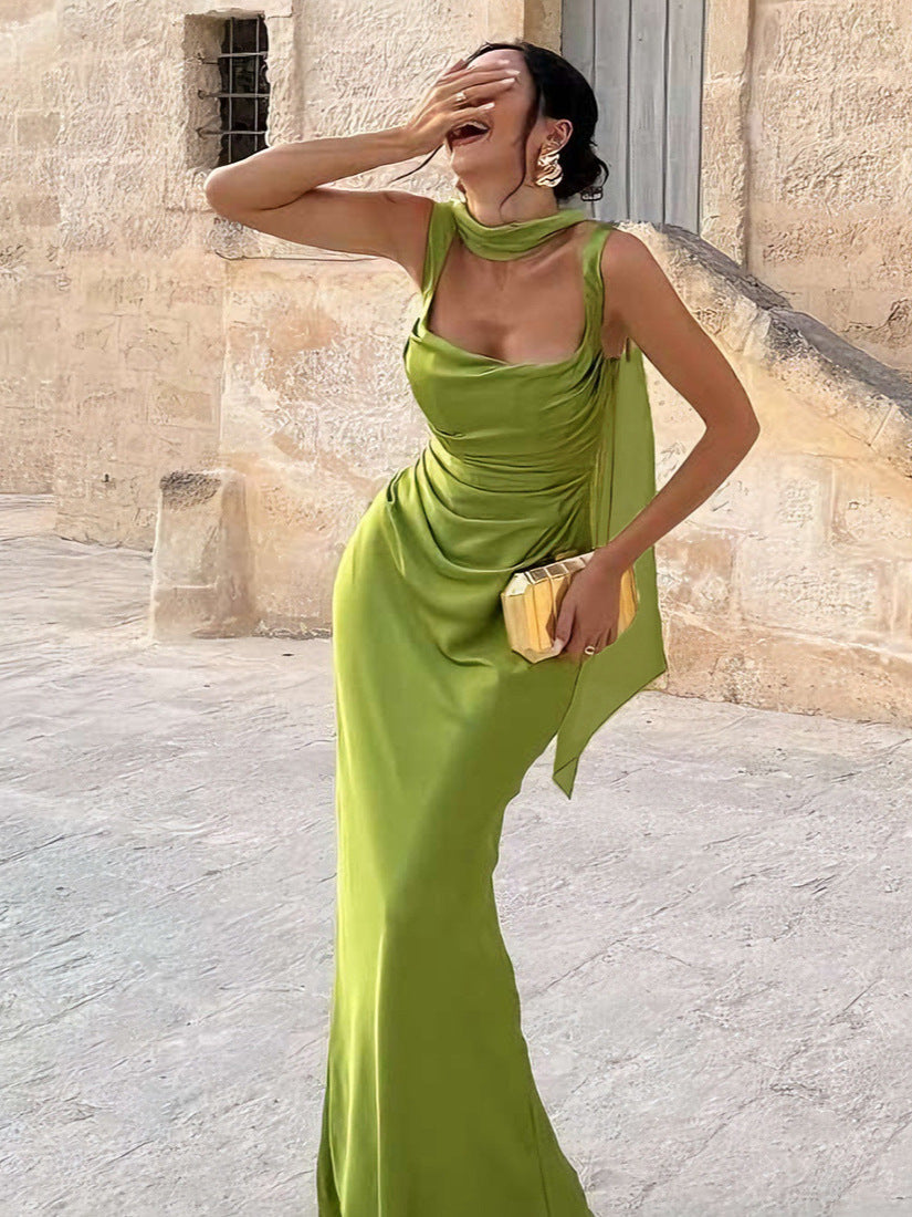 Women's Satin Maxi Dress Square Neck Sleeveless Ruched Backless Bodycon Evening Gown