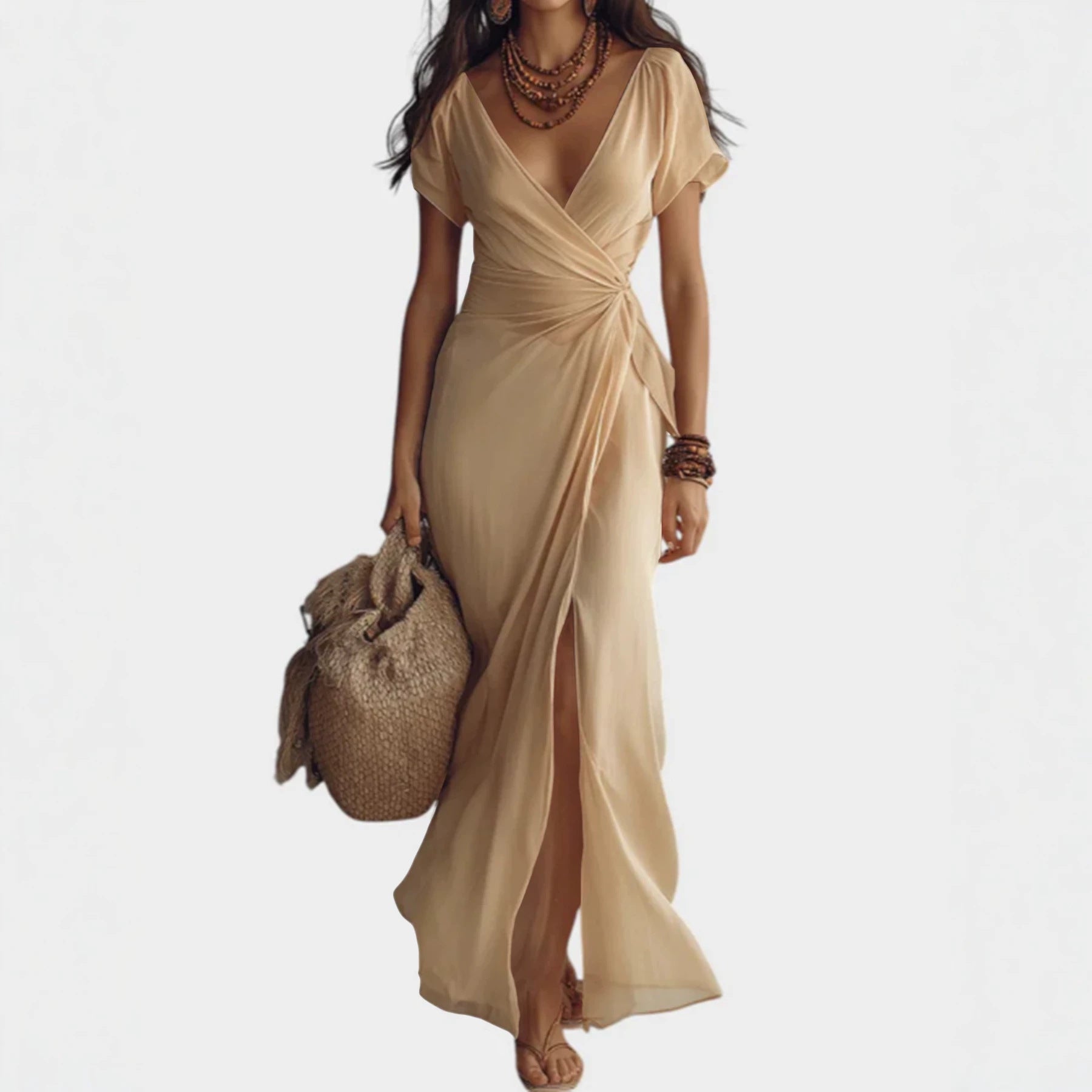 Women's Chiffon Maxi Dress V-Neck Short Sleeve Ruched Waist Front Slit Wrap Casual Beach