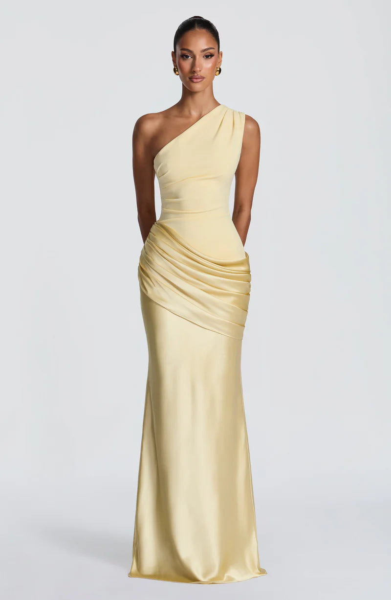 Women's One Shoulder Maxi Dress Ruched Sleeveless Bodycon Slim Fit Evening Party Gown
