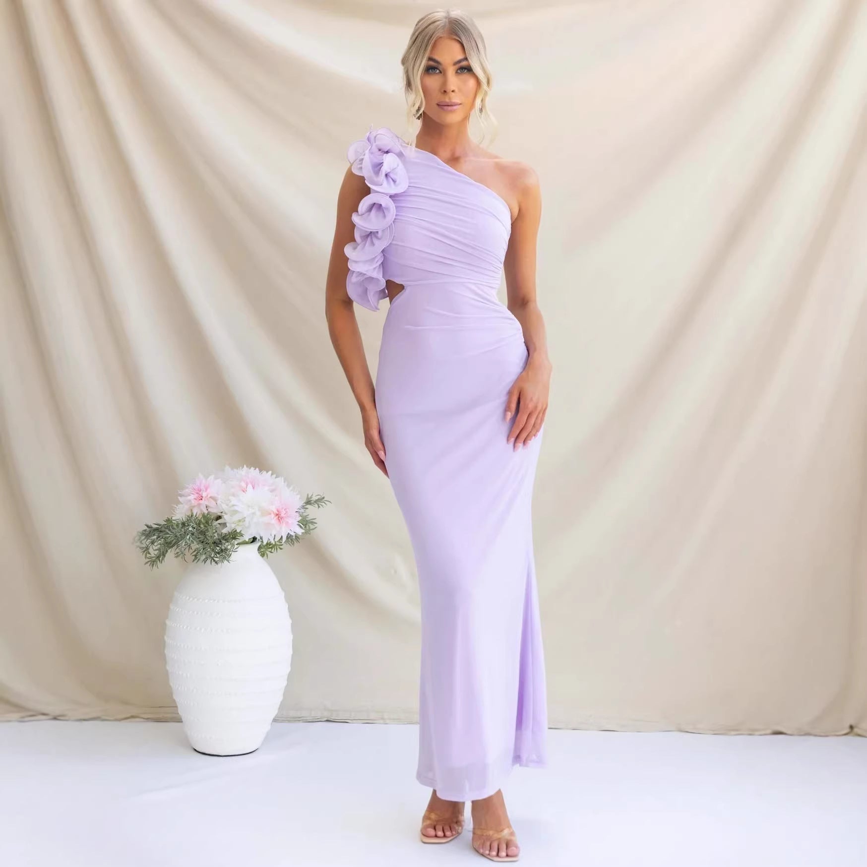 Women's One-Shoulder Maxi Dress Ruffle Cutout Wedding Guest Formal Gown