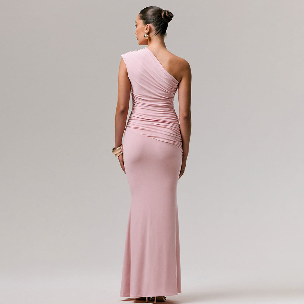 Women's One Shoulder Maxi Dress Sleeveless Ruched Bodycon Fishtail Party Evening Gown