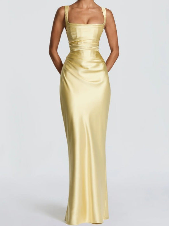 Women's Satin Mermaid Maxi Dress Square Neck Sleeveless Lace-Up Back Ruched Slim Fit Formal Gown