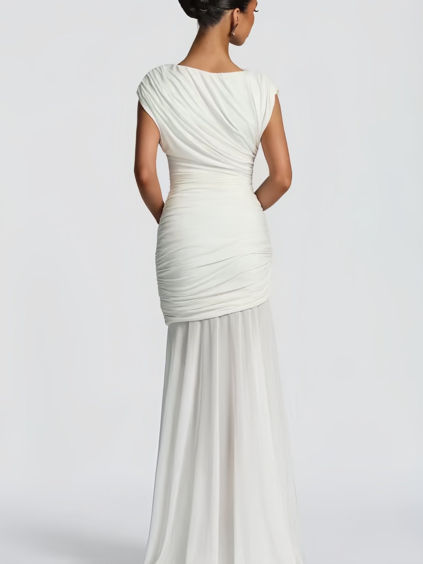 Women's Bodycon Maxi Dress Boat Neck Cap Sleeve Ruched Mesh Panel Slim Fit Party Wear