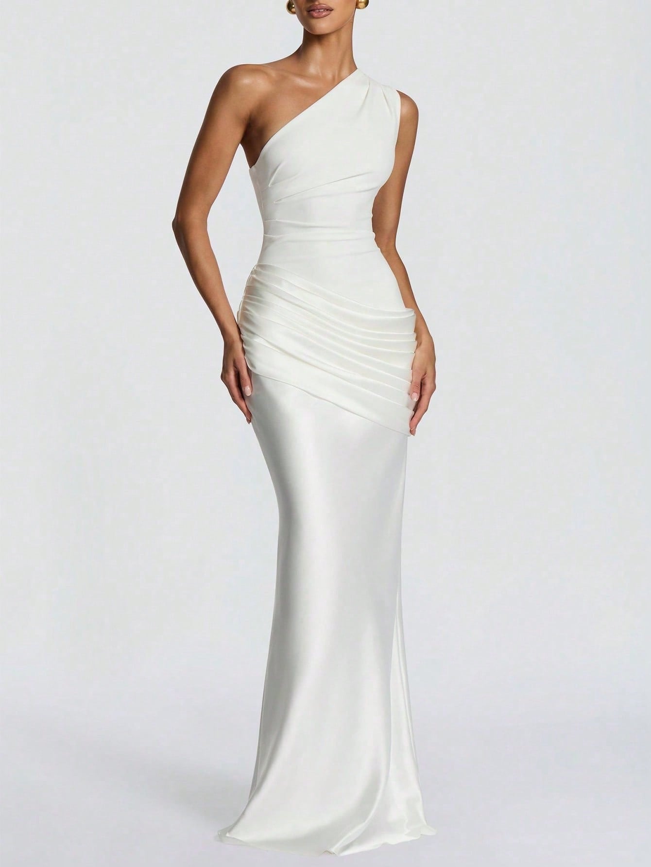 Women's One Shoulder Maxi Dress Sleeveless Ruched Bodycon Mermaid Formal Evening Gown