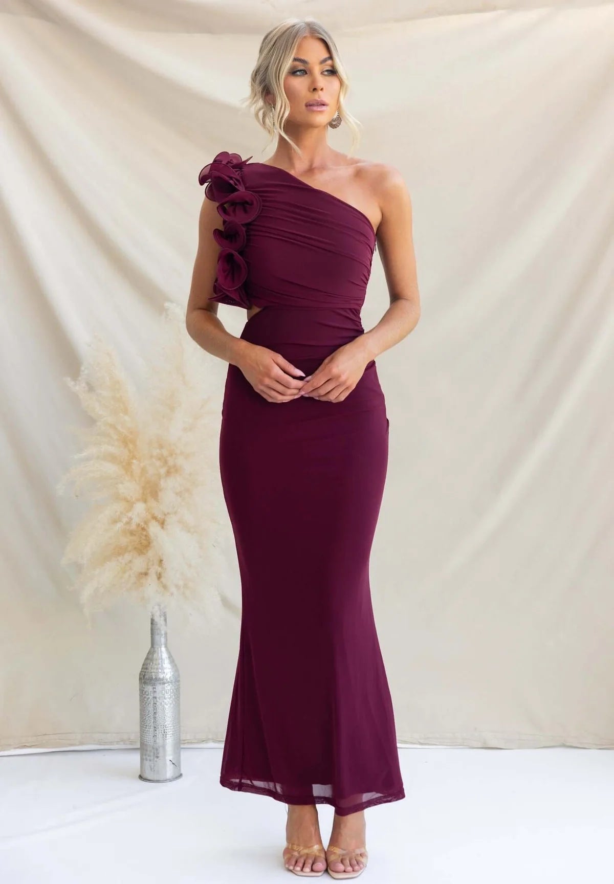 Women's One-Shoulder Maxi Dress Ruffle Cutout Wedding Guest Formal Gown