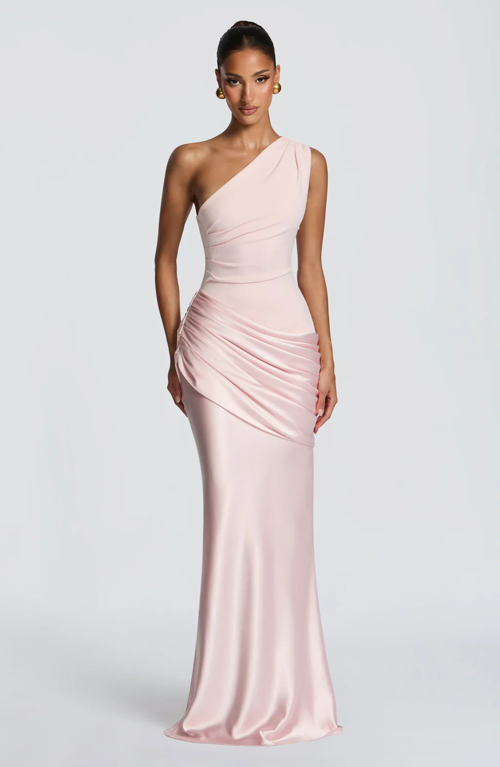 Women's One Shoulder Maxi Dress Ruched Sleeveless Bodycon Slim Fit Evening Party Gown
