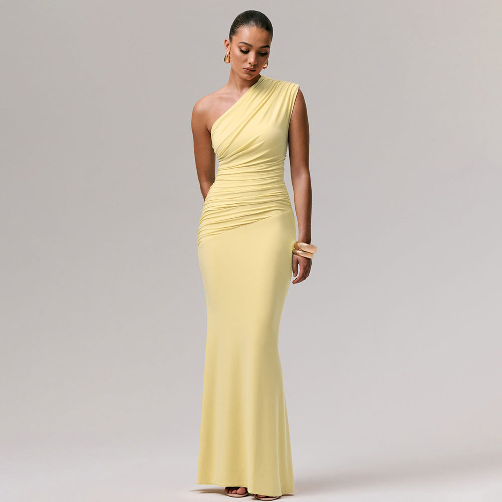 Women's One Shoulder Maxi Dress Sleeveless Ruched Bodycon Fishtail Party Evening Gown
