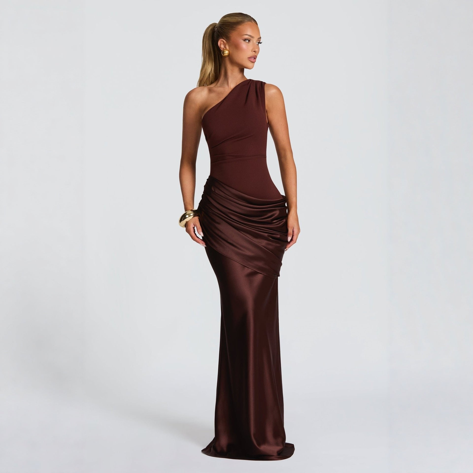 Women's One Shoulder Maxi Dress Ruched Sleeveless Bodycon Slim Fit Evening Party Gown