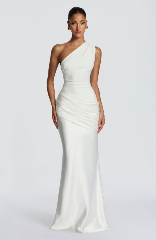 Women's One Shoulder Maxi Dress Ruched Sleeveless Bodycon Slim Fit Evening Party Gown