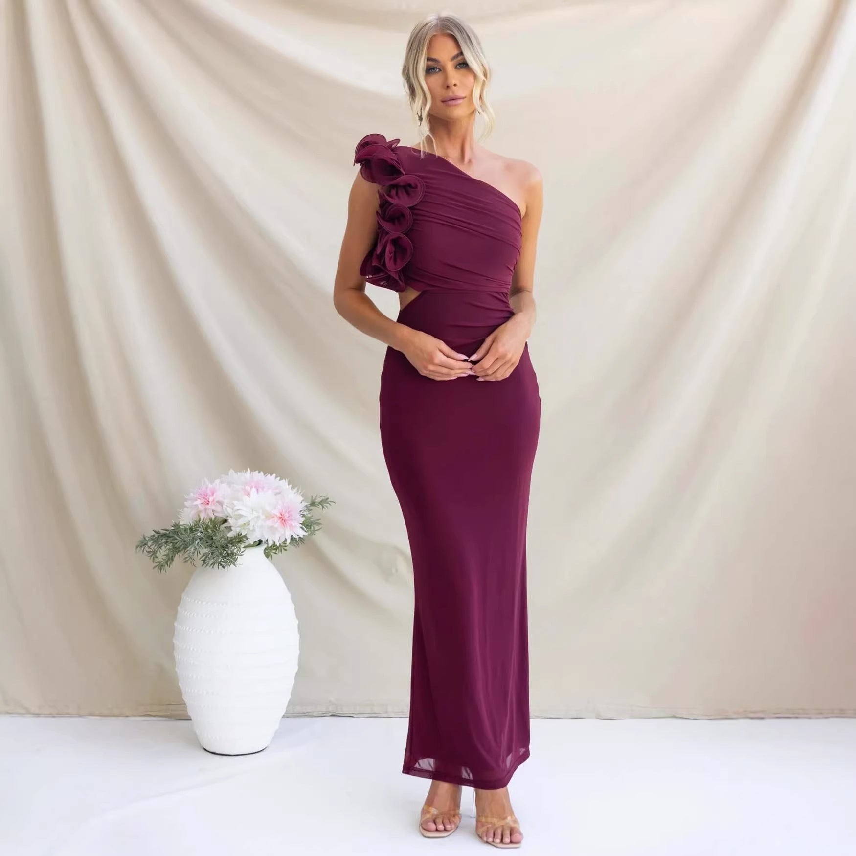 Women's One-Shoulder Maxi Dress Ruffle Cutout Wedding Guest Formal Gown