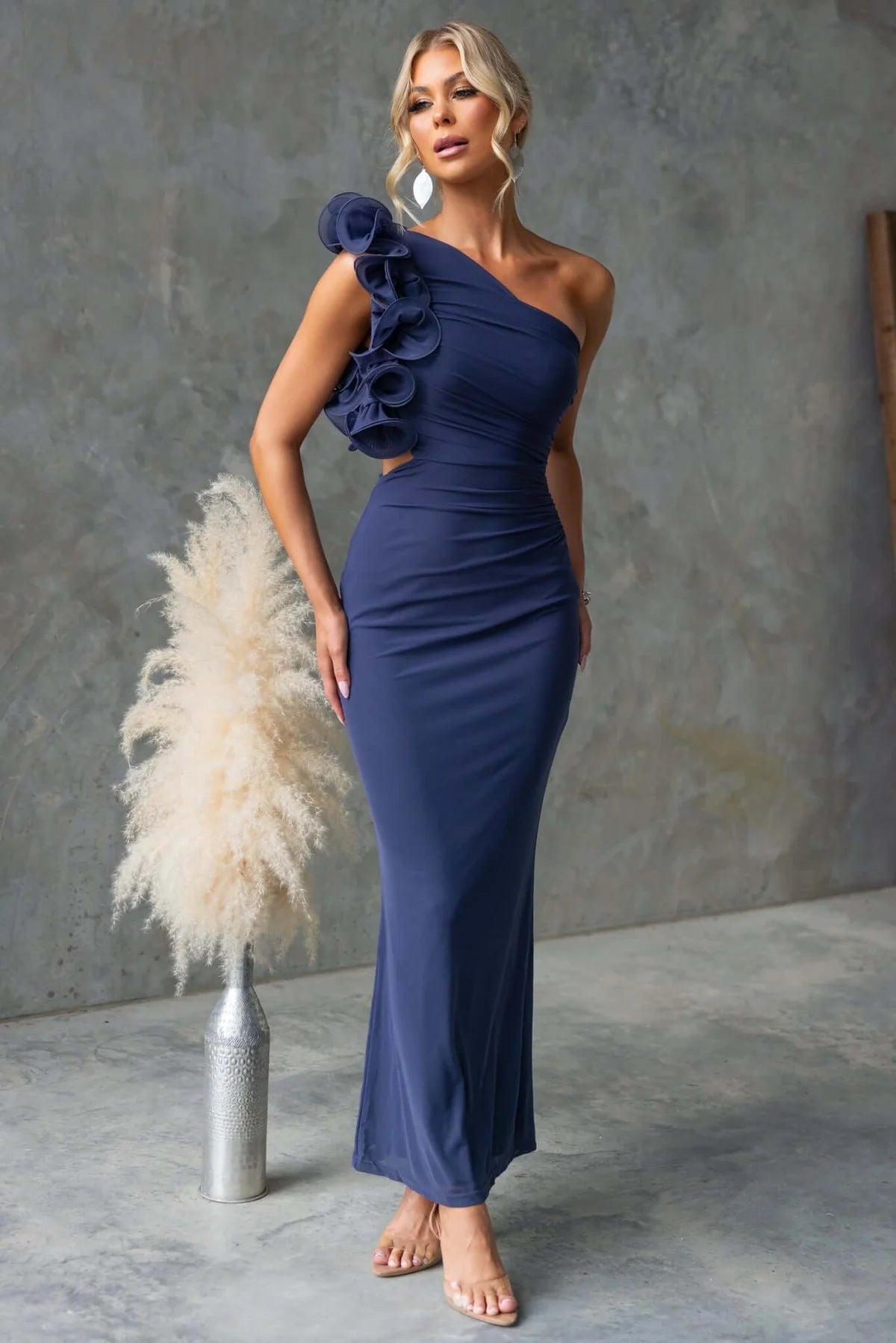 Women's One-Shoulder Maxi Dress Ruffle Cutout Wedding Guest Formal Gown