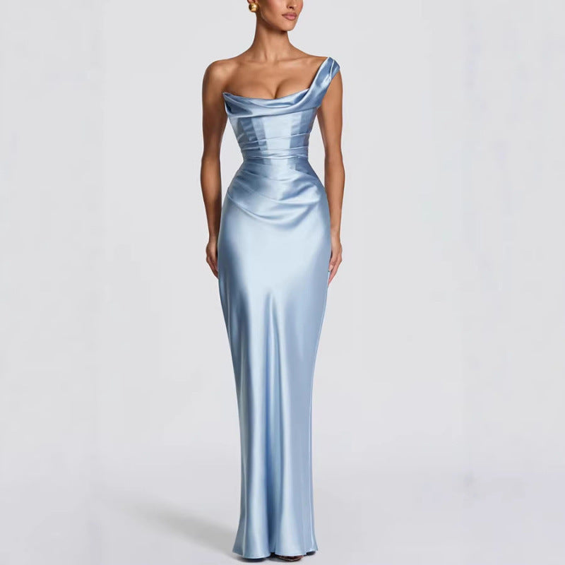 Women's Satin Maxi Dress Off Shoulder Cowl Neck Ruched Bodycon Party Evening Gown