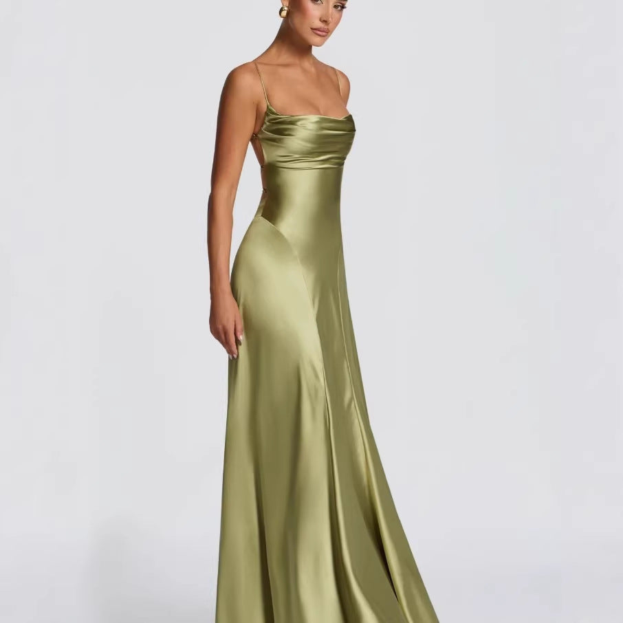 Women's Satin Maxi Dress Cowl Neck Spaghetti Strap Cross Back Cutout Slim Fit Evening Gown