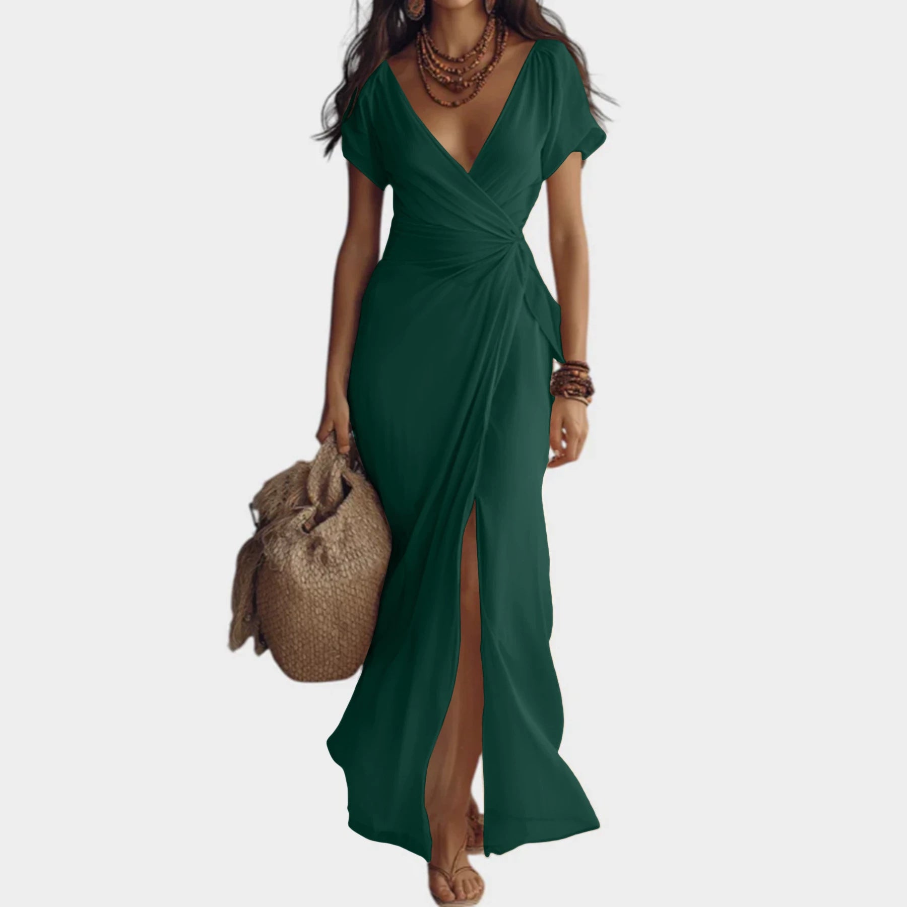 Women's Chiffon Maxi Dress V-Neck Short Sleeve Ruched Waist Front Slit Wrap Casual Beach