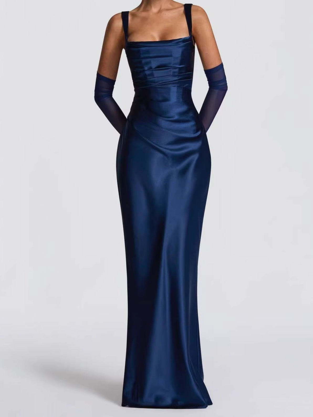 Women's Satin Maxi Dress Square Neck Ruched Bodycon Sash Scarf Corset Evening Gown