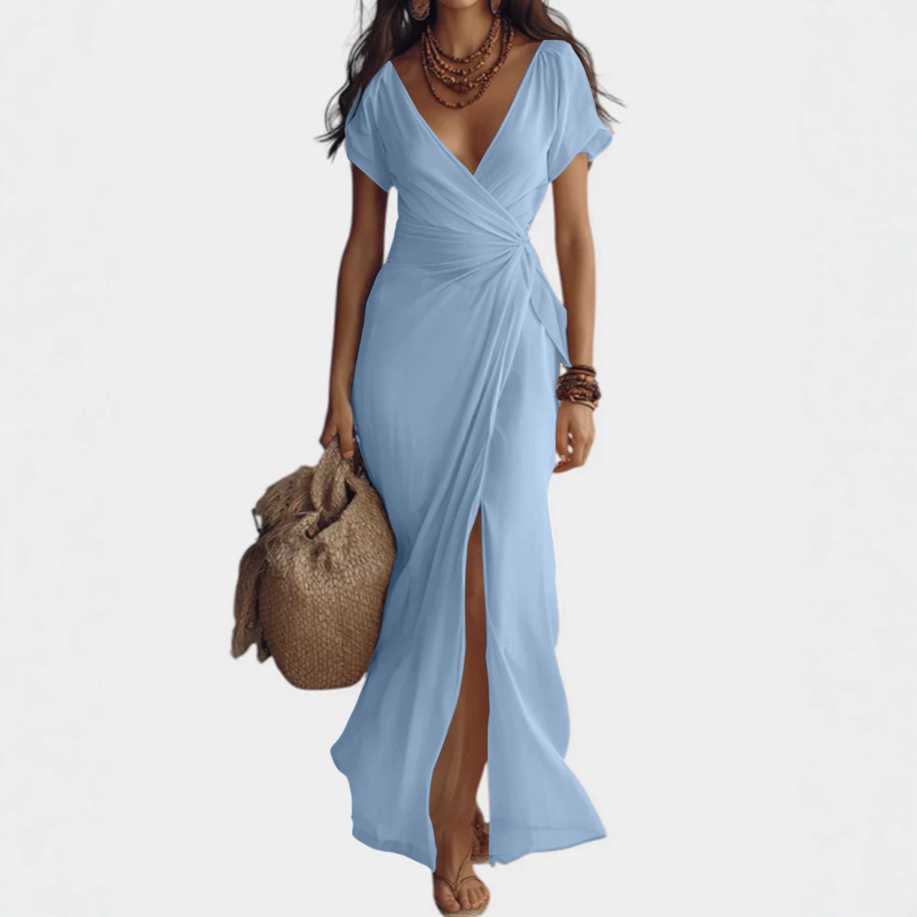 Women's Chiffon Maxi Dress V-Neck Short Sleeve Ruched Waist Front Slit Wrap Casual Beach