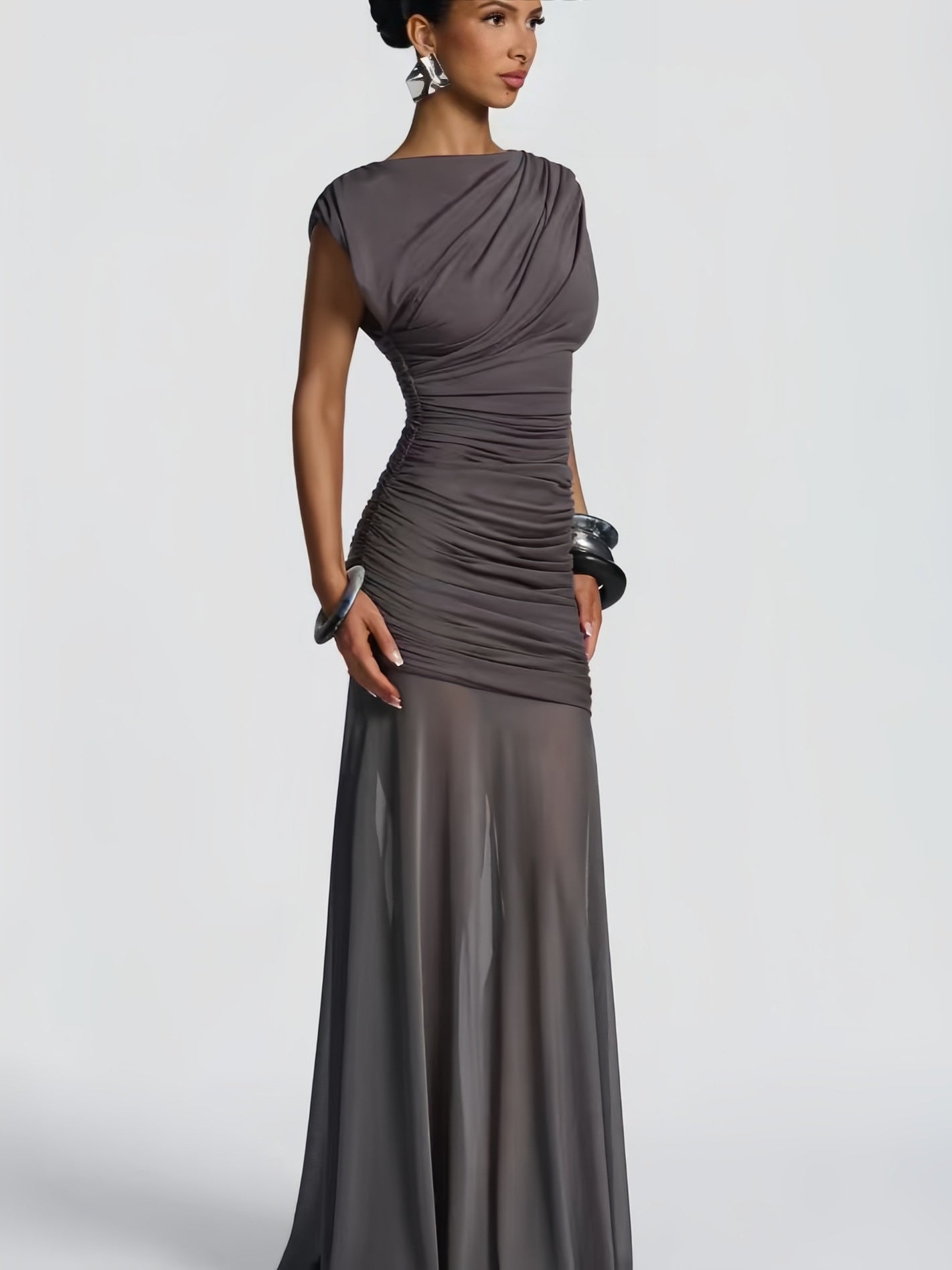 Women's Bodycon Maxi Dress Boat Neck Cap Sleeve Ruched Mesh Panel Slim Fit Party Wear