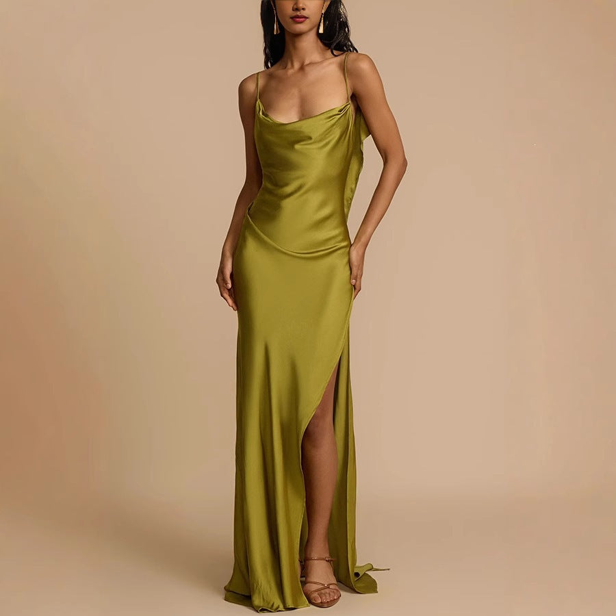 Women's Satin Maxi Dress Cowl Neck Spaghetti Strap Backless Side Slit Ruffle Party Dress