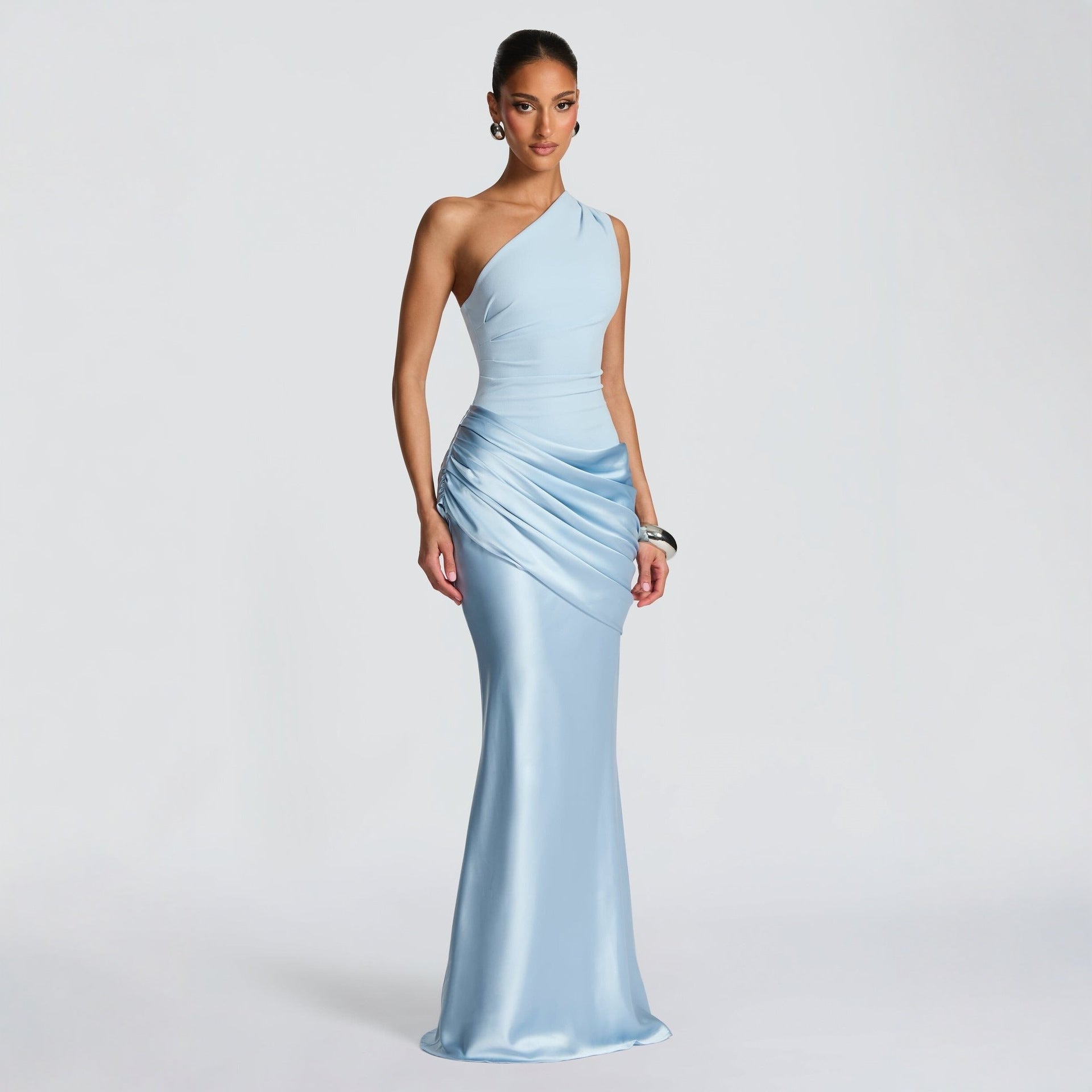 Women's One Shoulder Maxi Dress Ruched Sleeveless Bodycon Slim Fit Evening Party Gown