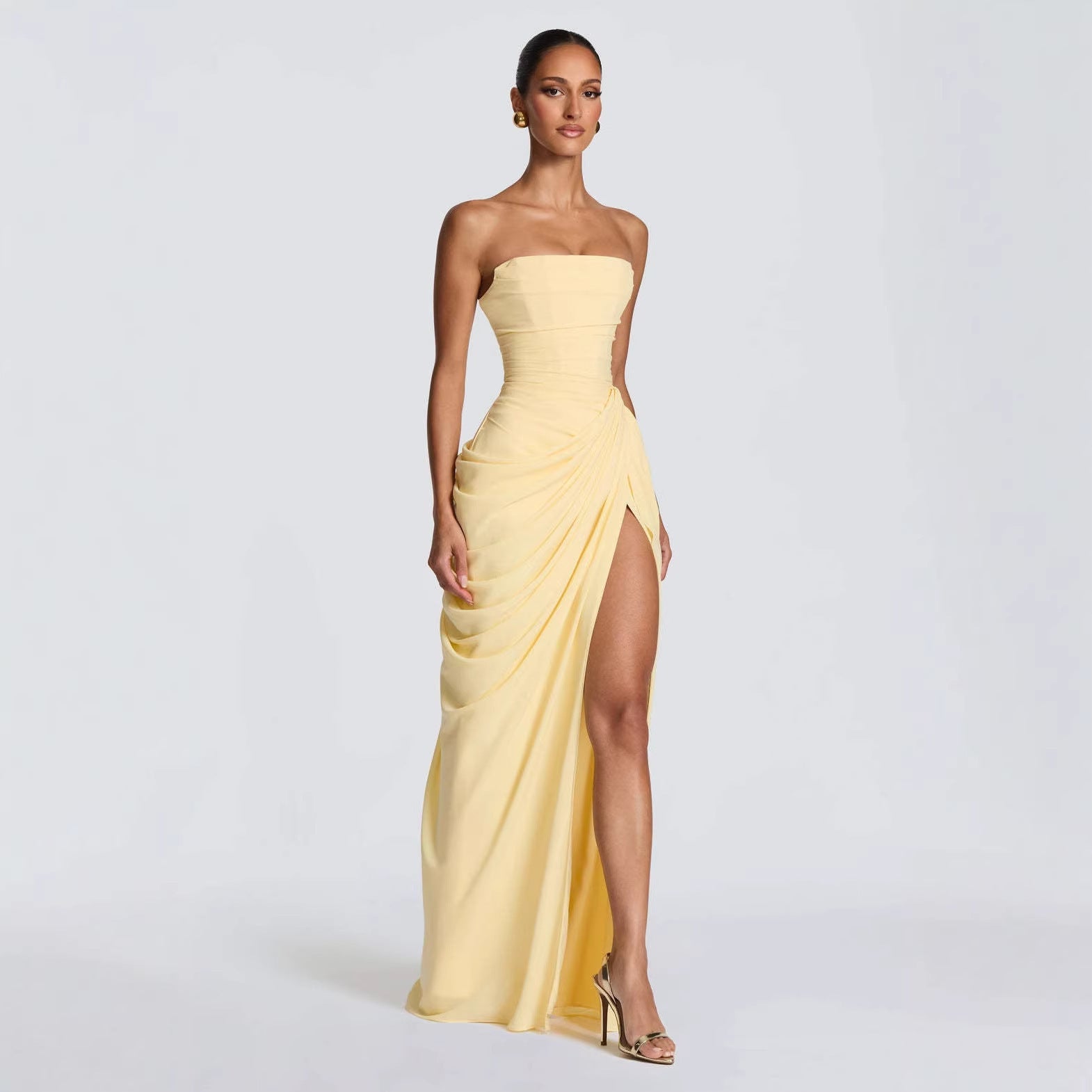 Women's Strapless Maxi Dress Ruched High Slit Sleeveless Bodycon Formal Evening Gown