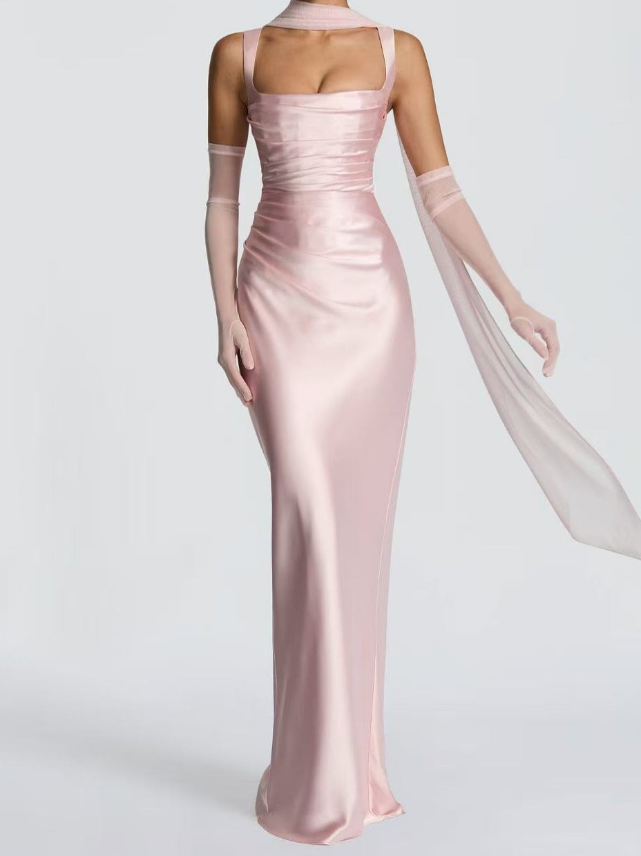 Women's Satin Maxi Dress Square Neck Ruched Bodycon Sash Scarf Corset Evening Gown