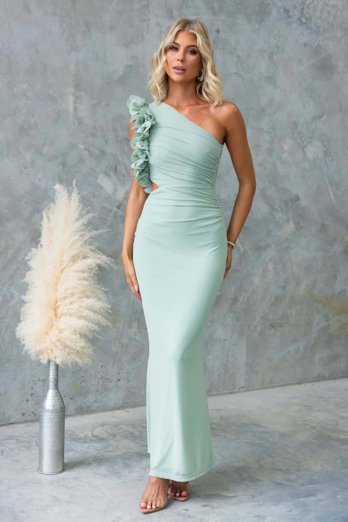 Women's One-Shoulder Maxi Dress Ruffle Cutout Wedding Guest Formal Gown