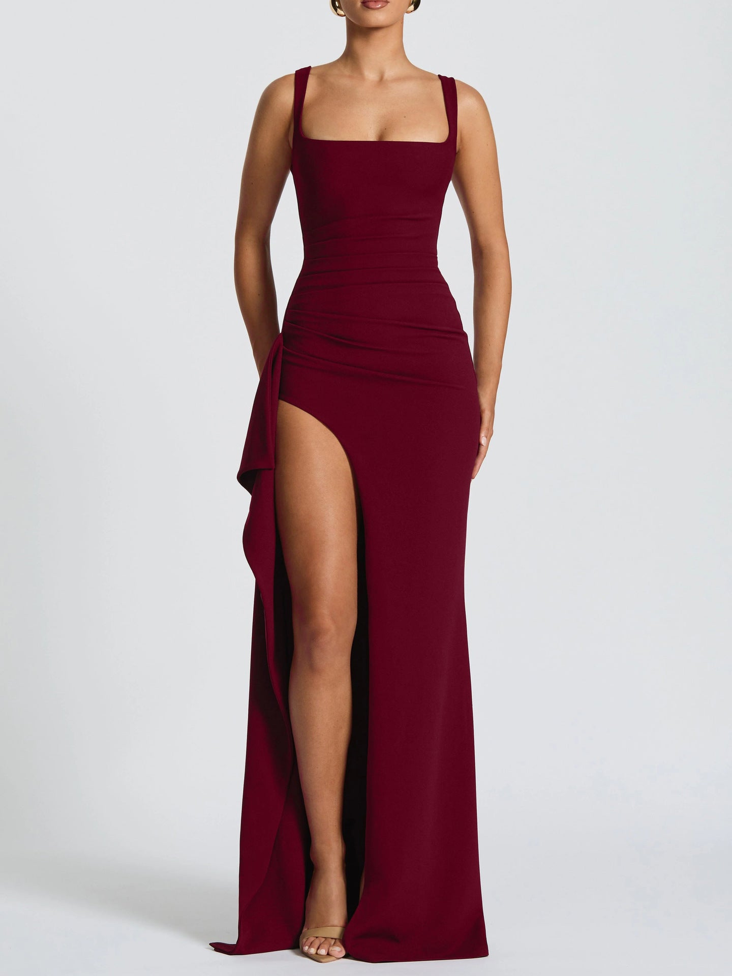 Women's Maxi Dress Square Neck Sleeveless High Slit Ruched Bodycon Evening Gown