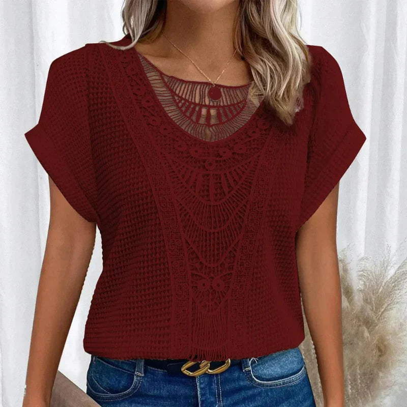 Rosa | Top with Round Neck and Lace Trim