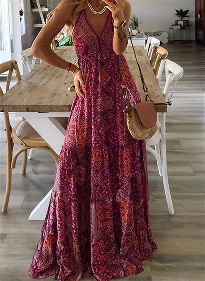 Women's Maxi Dress V-Neck Spaghetti Straps Flowy Draped Casual