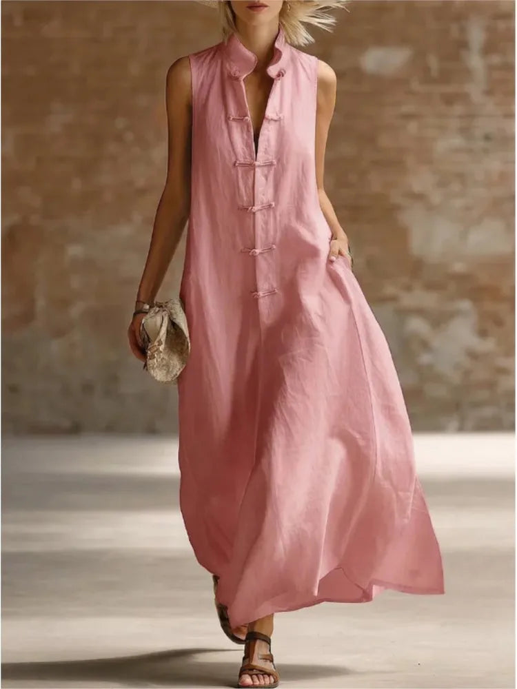 Women's Linen Maxi Dress Mandarin Collar Sleeveless Frog Button Casual