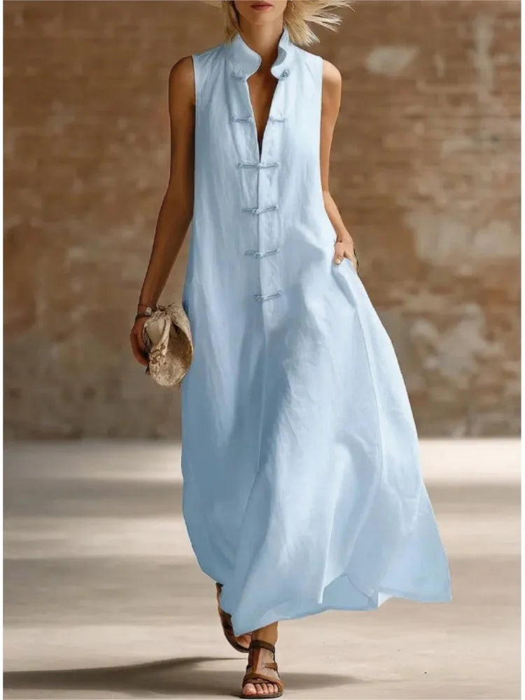 Women's Linen Maxi Dress Mandarin Collar Sleeveless Frog Button Casual