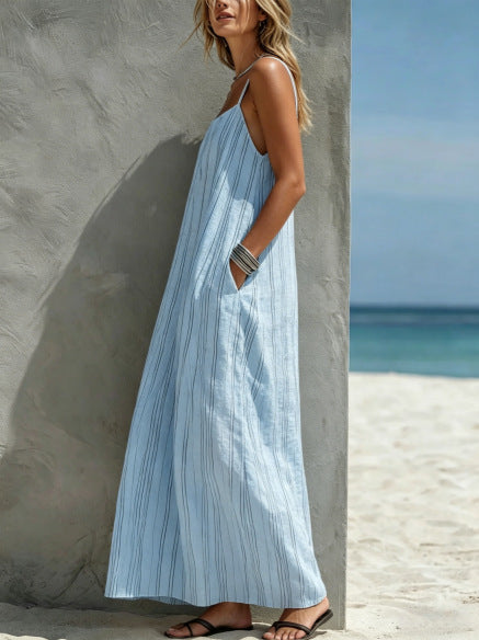 Women's Striped Maxi Dress Spaghetti Strap Side Pockets Linen Beach Sundress
