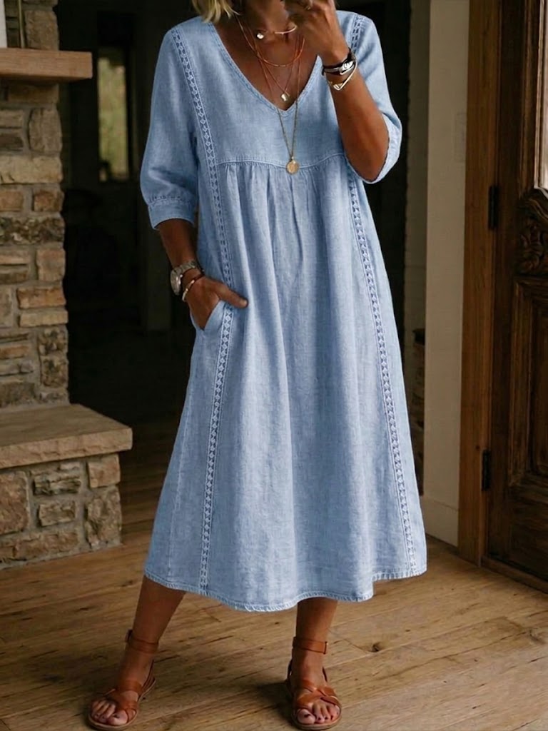 Women's Linen Midi Dress V-Neck 3/4 Sleeve Lace Trim Side Pockets Casual