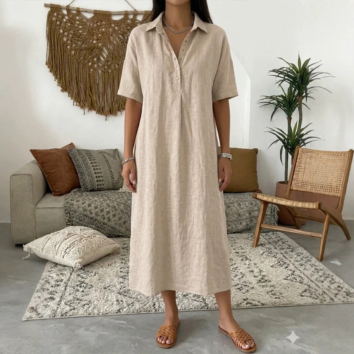 Women's Linen Shirt Dress Collared Short Sleeve Midi Button Placket Casual Beach
