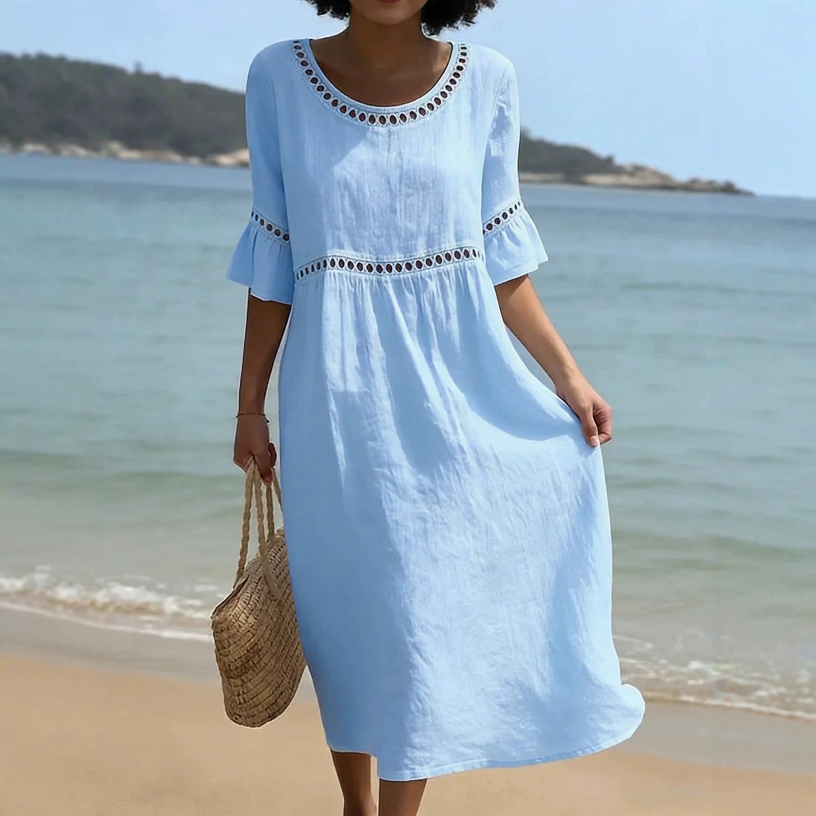 Women's Linen Midi Dress Hollow Out Flared Sleeve Round Neck Beach Casual