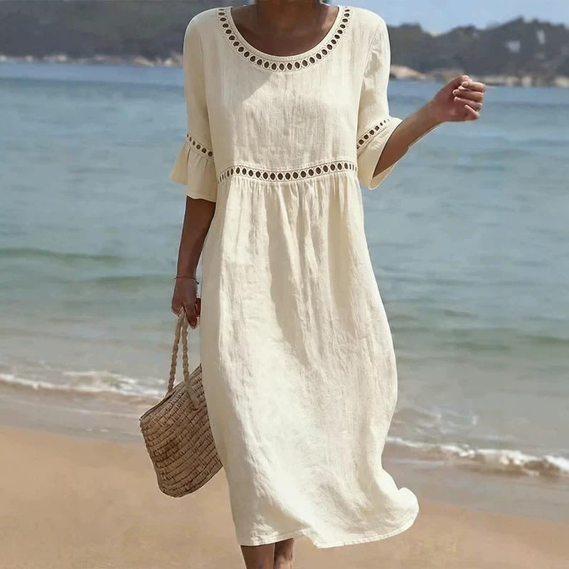 Women's Linen Midi Dress Hollow Out Flared Sleeve Round Neck Beach Casual