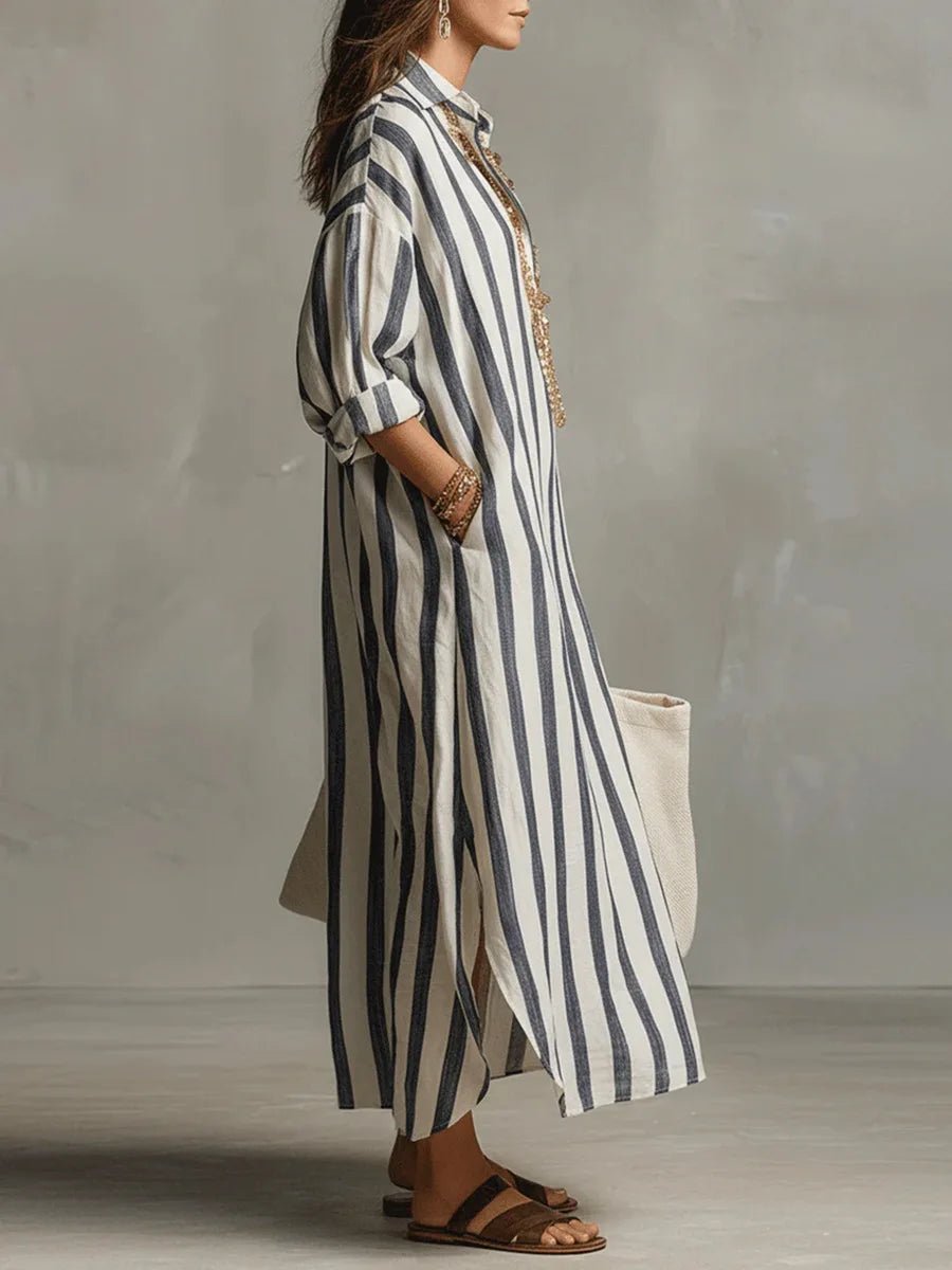 Women's Striped Maxi Shirt Dress Linen Collared Long Sleeve V-Neck Casual Beach