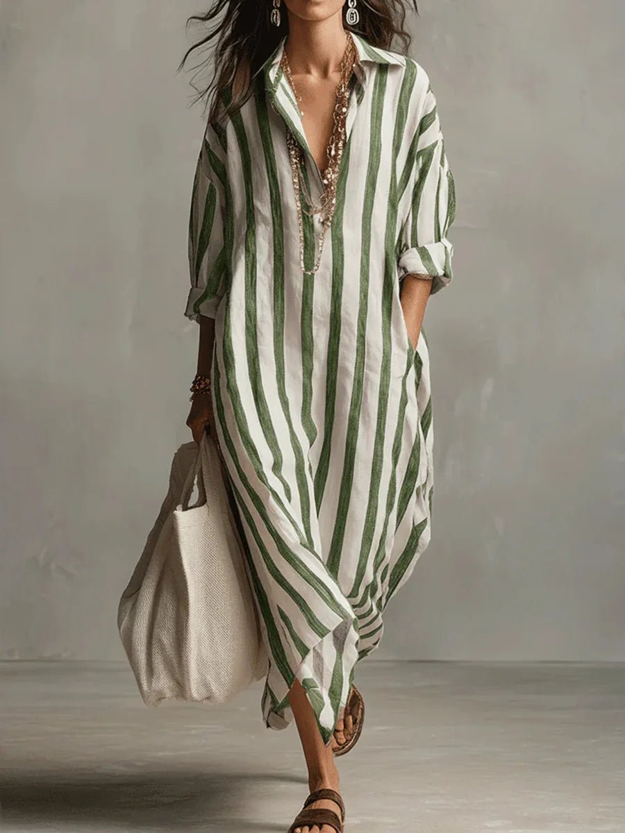 Women's Striped Maxi Shirt Dress Linen Collared Long Sleeve V-Neck Casual Beach