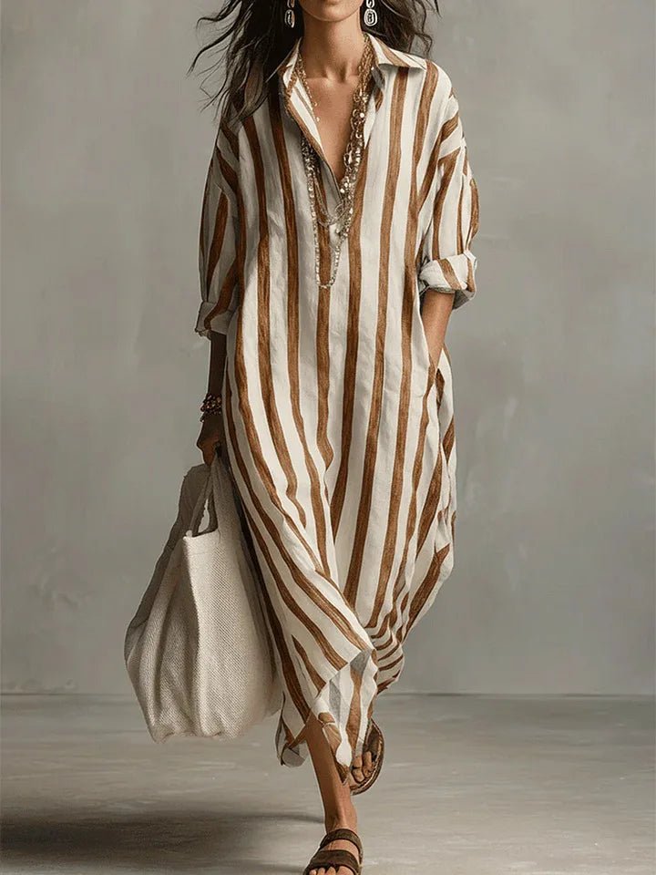 Women's Striped Maxi Shirt Dress Linen Collared Long Sleeve V-Neck Casual Beach