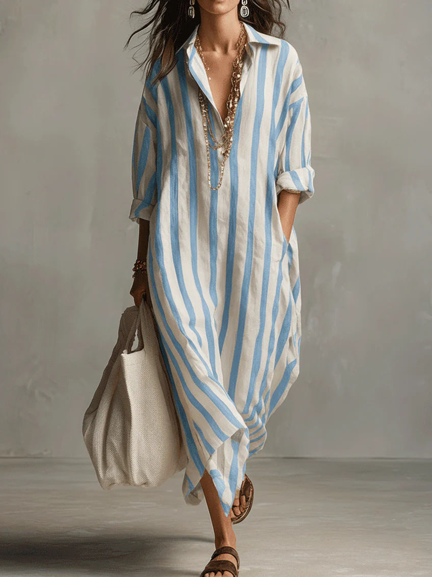 Women's Striped Maxi Shirt Dress Linen Collared Long Sleeve V-Neck Casual Beach