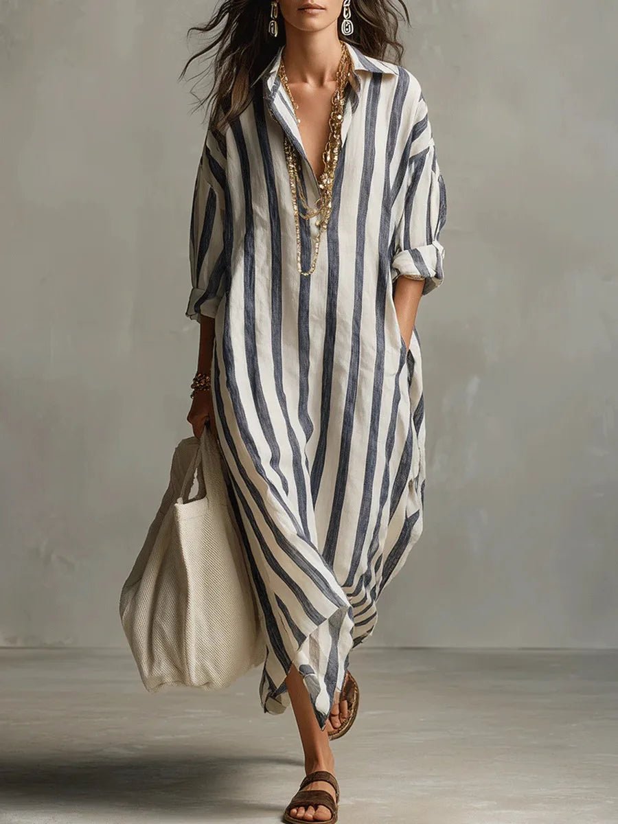 Women's Striped Maxi Shirt Dress Linen Collared Long Sleeve V-Neck Casual Beach