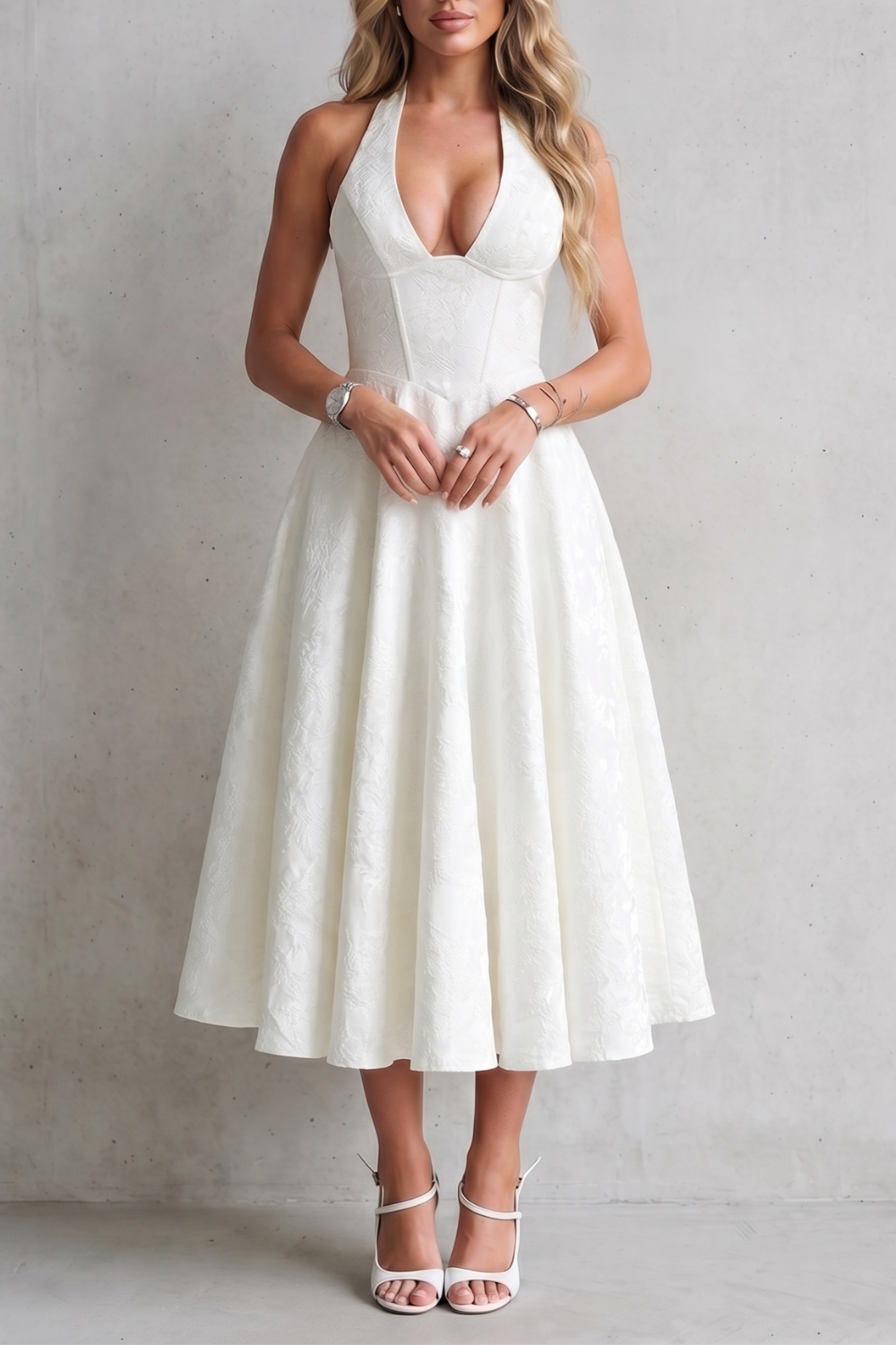 Women's Halter Neck Midi Dress Floral V-Neck Lace-Up Back A-Line Party
