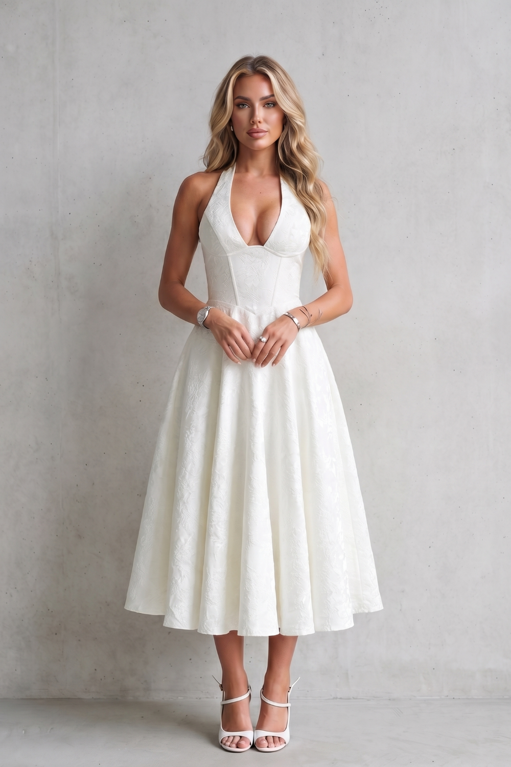Women's Halter Neck Midi Dress Floral V-Neck Lace-Up Back A-Line Party
