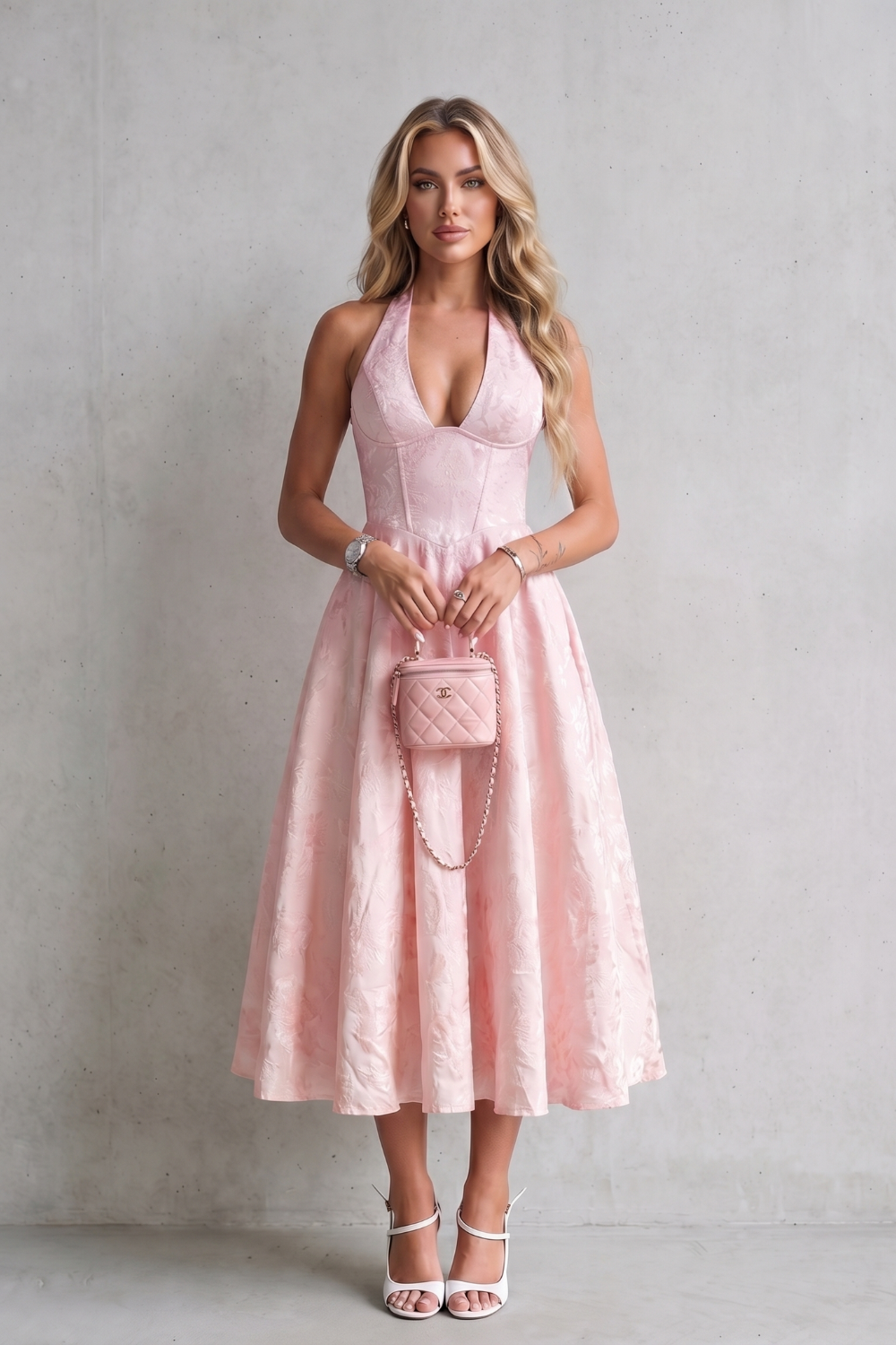 Women's Halter Neck Midi Dress Floral V-Neck Lace-Up Back A-Line Party