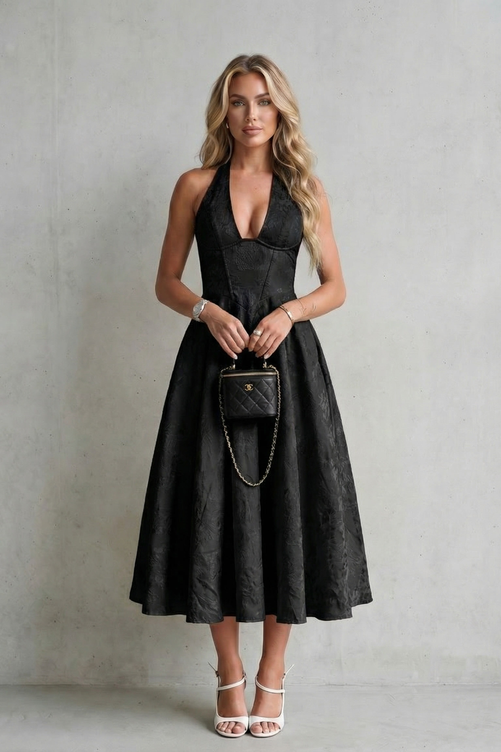 Women's Halter Neck Midi Dress Floral V-Neck Lace-Up Back A-Line Party