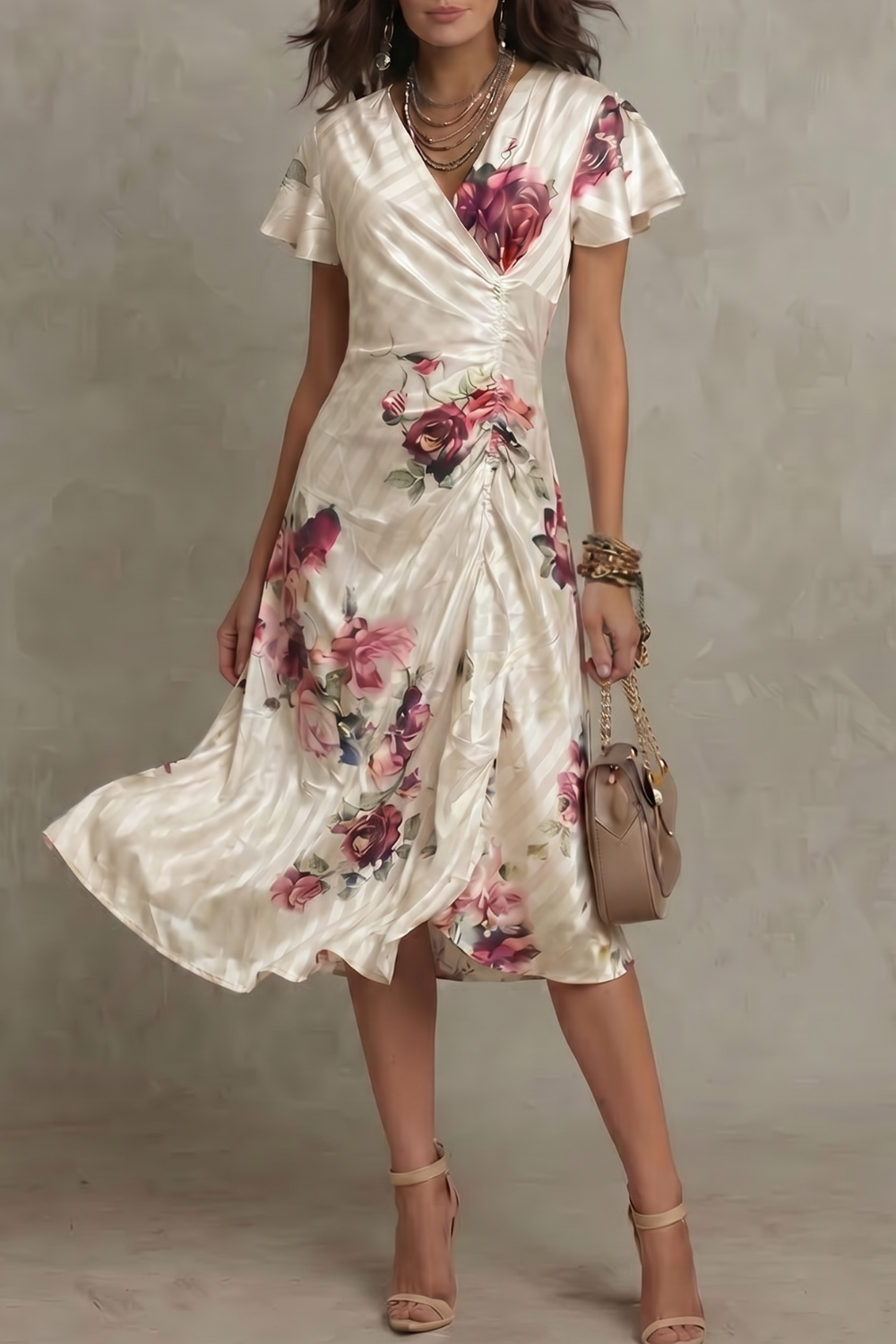 Women's Floral Satin Midi Dress V-Neck Short Sleeve Ruched Casual