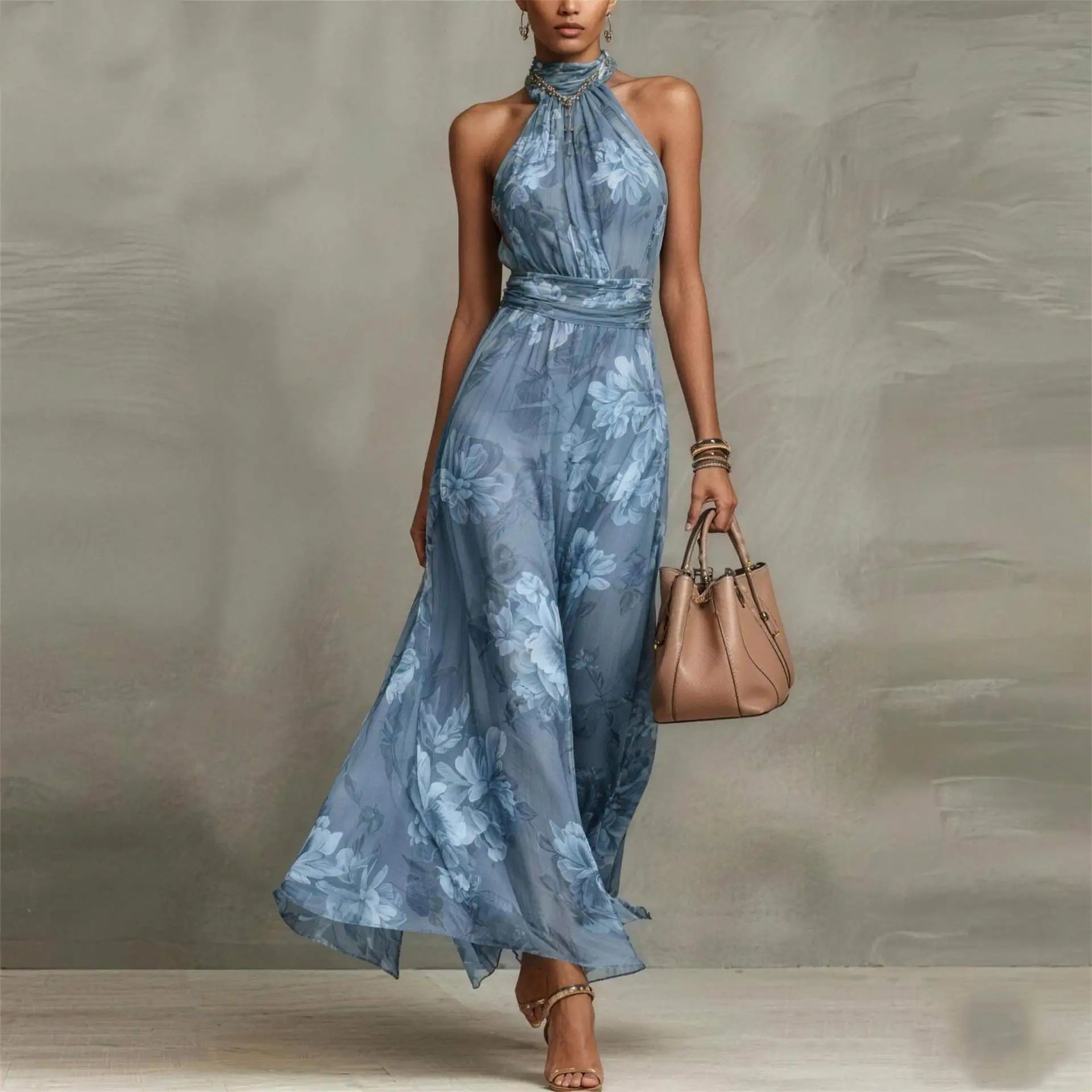 Women's Maxi Dress Floral Print Sleeveless V-Neck Wedding Guest Outfit
