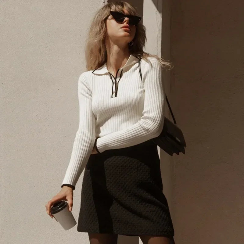 Stylish ribbed zip collar long sleeve sweater